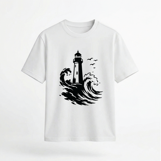 Lighthouse and Ocean Waves Graphic 100% Cotton Unisex T-Shirt