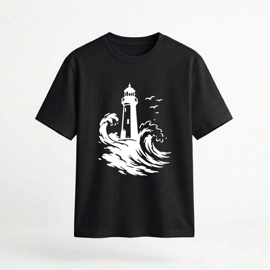 Lighthouse and Ocean Waves Graphic 100% Cotton Unisex T-Shirt