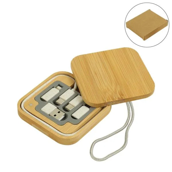 Personalized Multi-Charging Cable Set in Square Bamboo Case (Engraved)