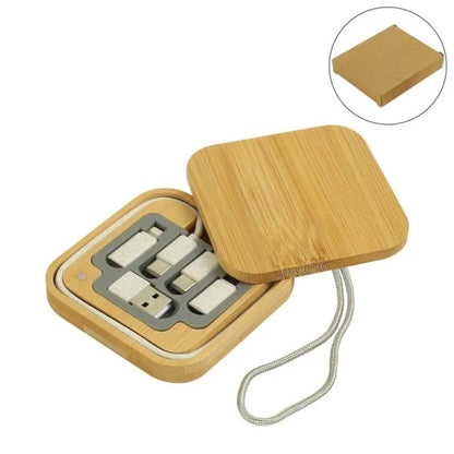 Personalized Multi-Charging Cable Set in Square Bamboo Case (Engraved)