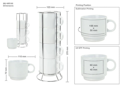 Personalized 4-Piece Ceramic Coffee Cups Set with Silver Metal Rack (295 ml / 10 oz)