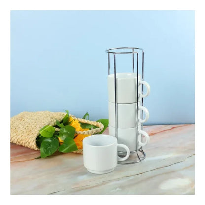 Personalized 4-Piece Ceramic Coffee Cups Set with Silver Metal Rack (295 ml / 10 oz)