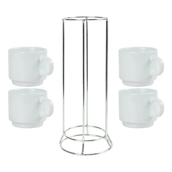Personalized 4-Piece Ceramic Coffee Cups Set with Silver Metal Rack (295 ml / 10 oz)