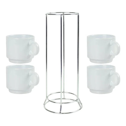 Personalized 4-Piece Ceramic Coffee Cups Set with Silver Metal Rack (295 ml / 10 oz)