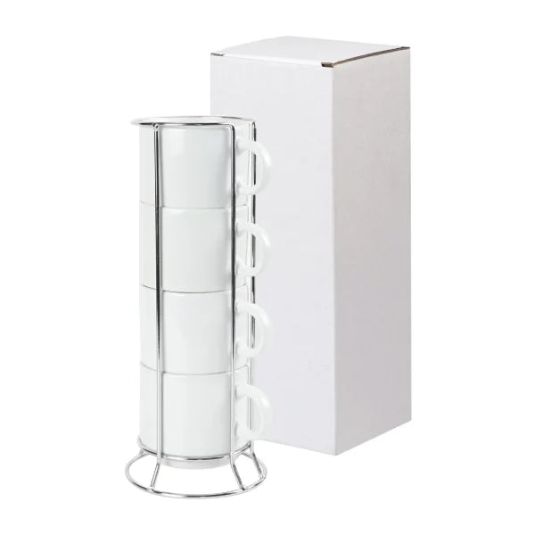 Personalized 4-Piece Ceramic Coffee Cups Set with Silver Metal Rack (295 ml / 10 oz)