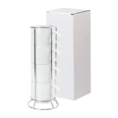 Personalized 4-Piece Ceramic Coffee Cups Set with Silver Metal Rack (295 ml / 10 oz)