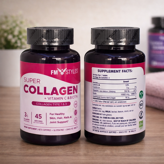 FMstyles Super Collagen Peptides Tablets with Vitamin C & Biotin, Types 1 & 3 Hydrolyzed Bovine Collagen, Hair Skin Nails & Joint Support, Keto & Gluten-Free, Grass-Fed, 90 Tablets