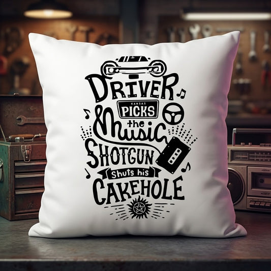 FMstyles DRIVER PICKS THE MUSIC Printed Premium White Polyester Quote Cushion Cover (40 x 40 cm) – Decorative Throw Pillow