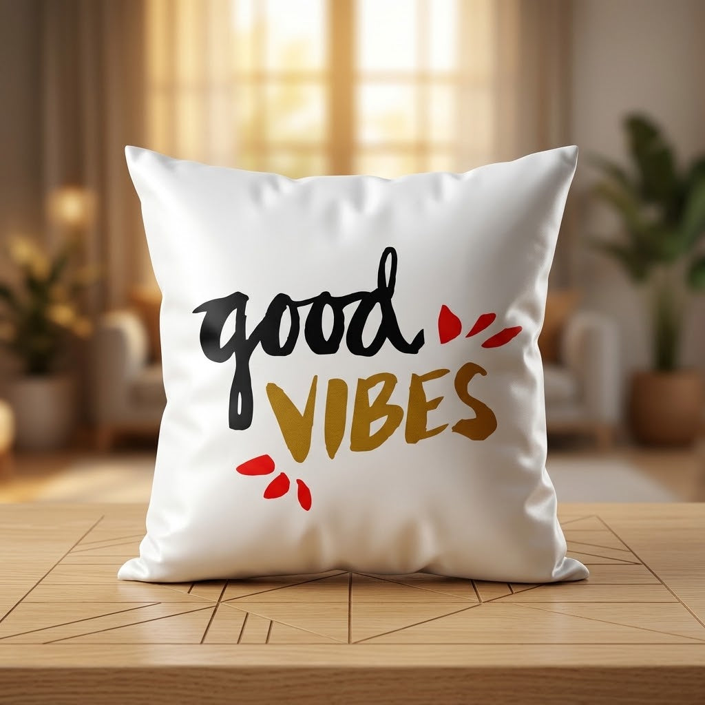 FMstyles - Good Vibes Printed Premium White Polyester Quote Cushion Cover (40 x 40 cm) – Decorative Throw Pillow