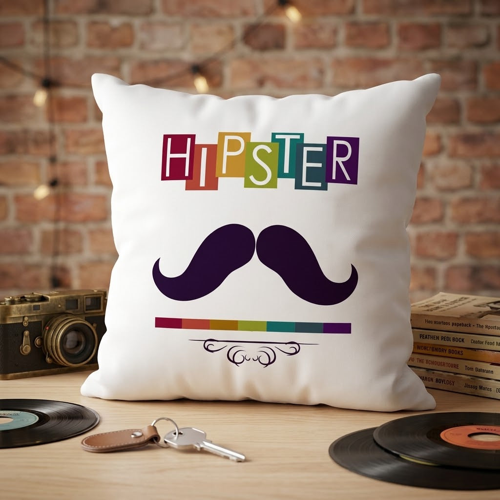 FMstyles - HIPSTER MUSTACHE Printed Premium White Polyester Quote Cushion Cover (40 x 40 cm) – Decorative Throw Pillow