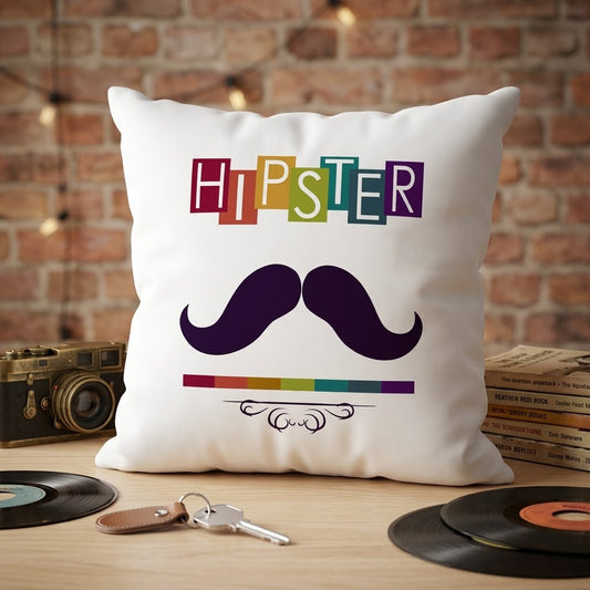 FMstyles - HIPSTER MUSTACHE Printed Premium White Polyester Quote Cushion Cover (40 x 40 cm) – Decorative Throw Pillow