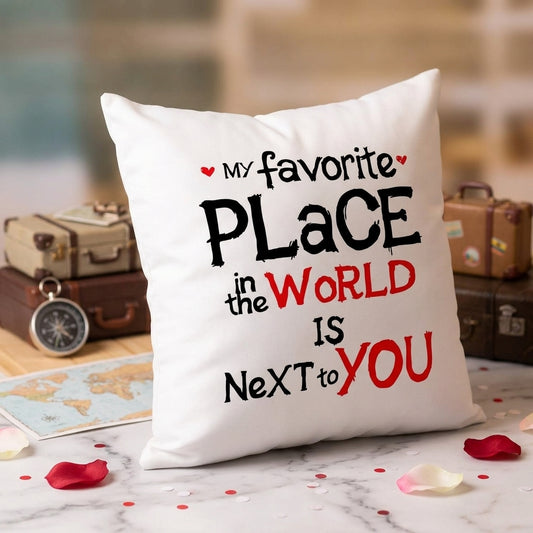 FMstyles - My Fav Place in The World - Premium White Polyester Quote Cushion Cover (40 x 40 cm) – Decorative Throw Pillow