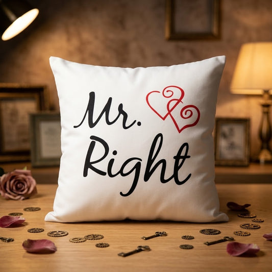 FMstyles - Satin Mr. Right Printed Premium White Polyester Quote Cushion Cover (40 x 40 cm) – Decorative Throw Pillow