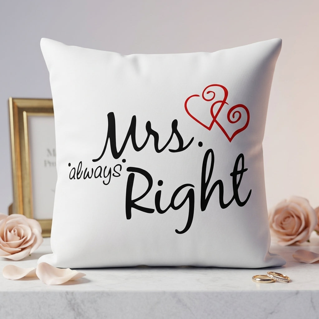 FMstyles Satin Mrs. Always Right Cushion - Premium White Polyester Quote Cushion Cover (40 x 40 cm) – Decorative Throw Pillow