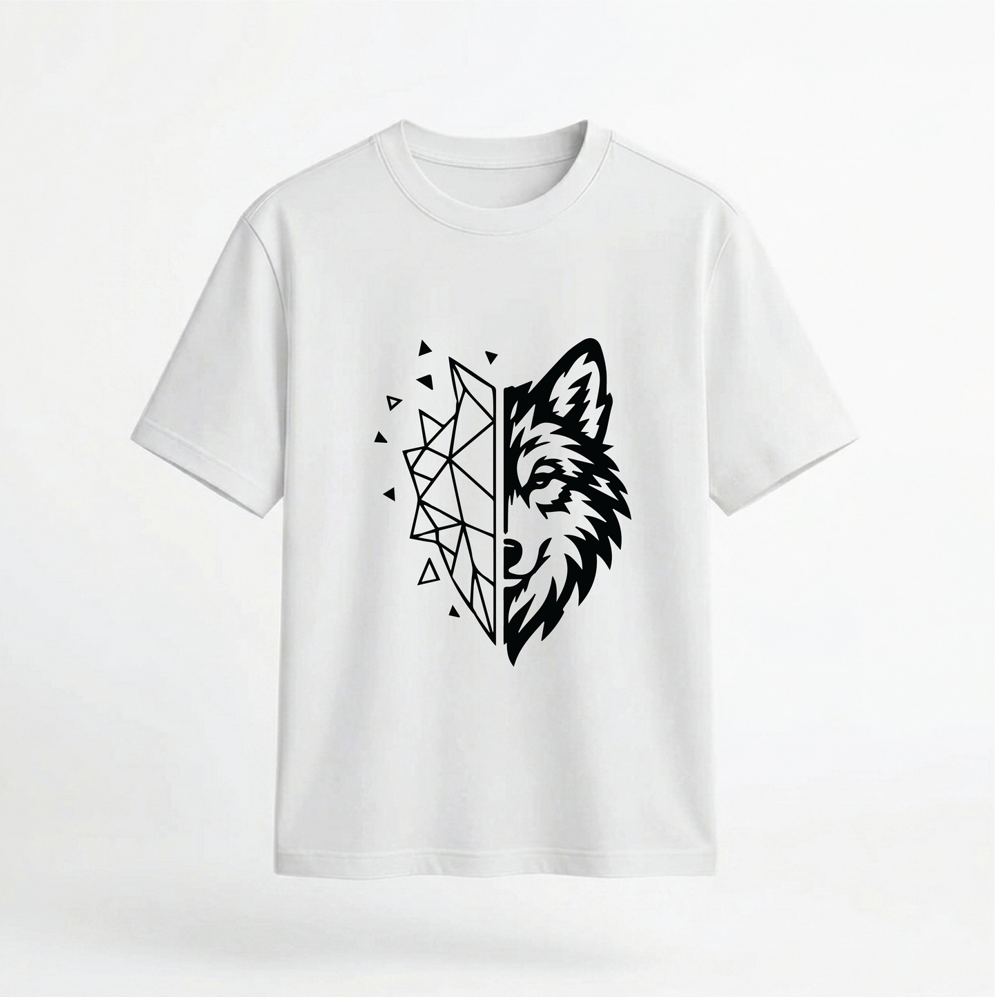Geometric Half-Face Wolf Graphic 100% Cotton Unisex T-Shirt