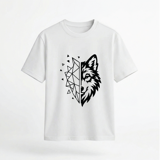 Geometric Half-Face Wolf Graphic 100% Cotton Unisex T-Shirt