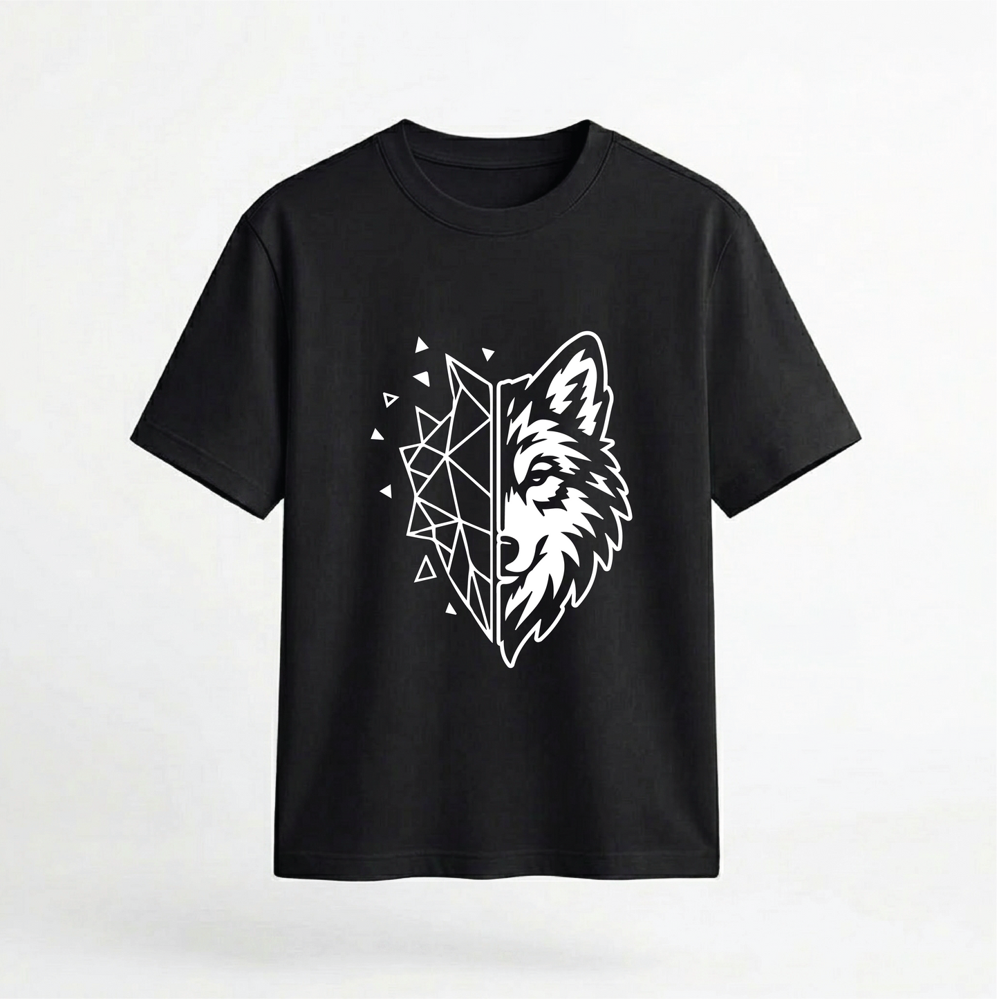 Geometric Half-Face Wolf Graphic 100% Cotton Unisex T-Shirt