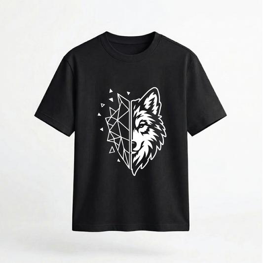 Geometric Half-Face Wolf Graphic 100% Cotton Unisex T-Shirt