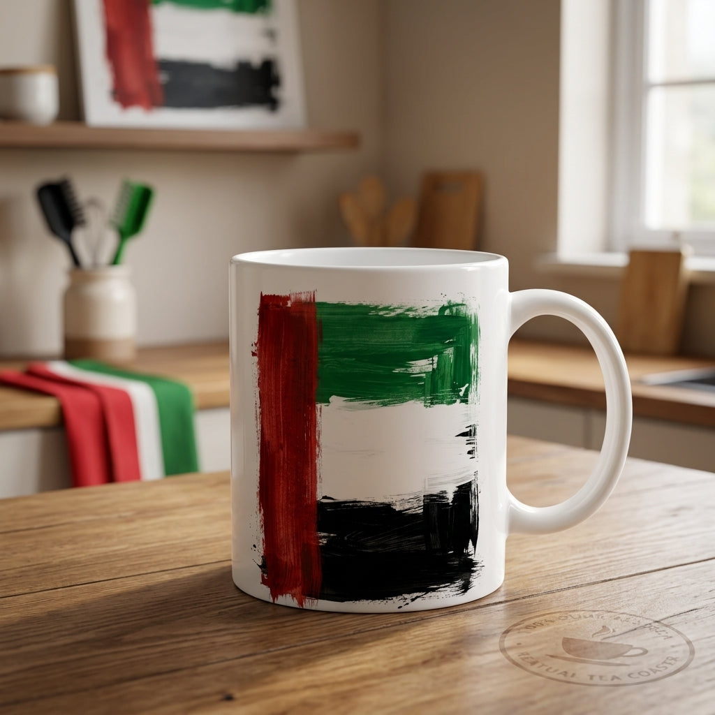 UAE Flag 11 oz Ceramic Mug, Artistic Brushstroke Design