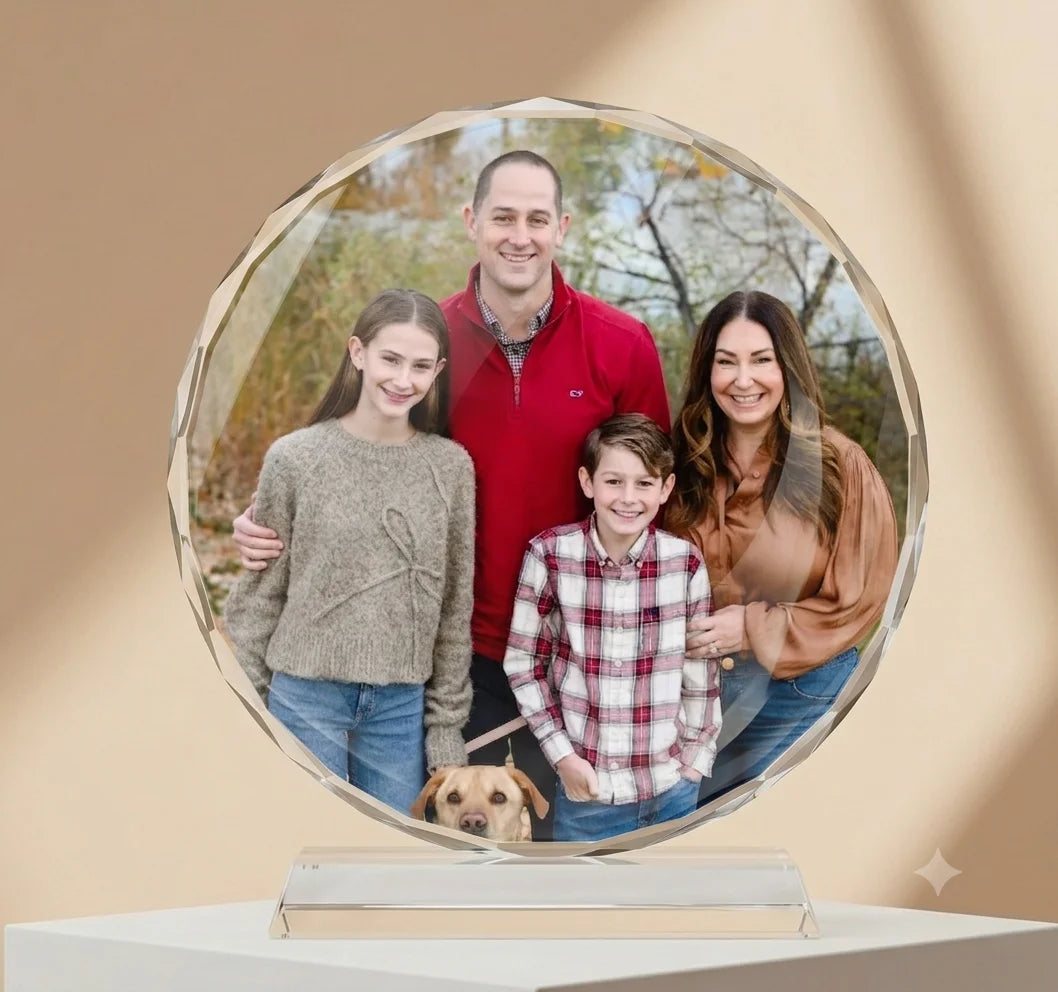 Customized Round Faceted Crystal Award & Photo Frame Plaque with Glass Stand Base