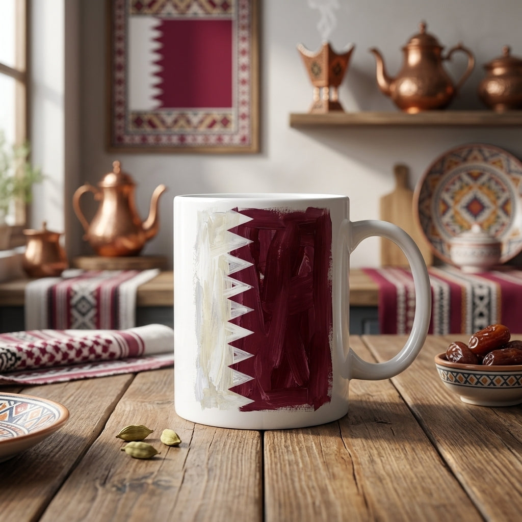 Qatar Flag 11 oz Ceramic Mug, Artistic Brushstroke Design