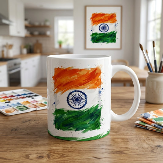 Indian Flag 11 oz Ceramic Mug, Artistic Brushstroke Design