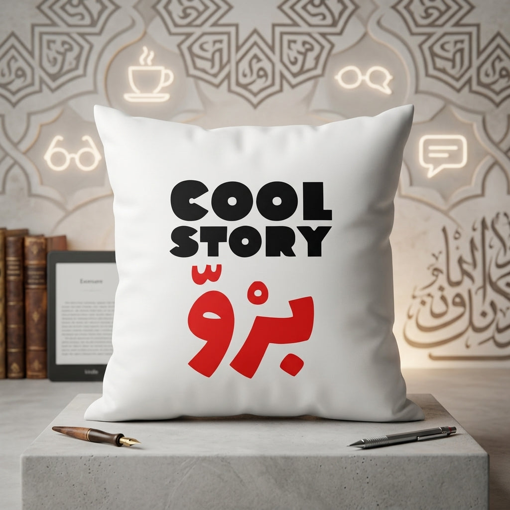 FMstyles - Cool story Bro Arabic Typography Printed White Polyester Cushion (40 x 40 cm)