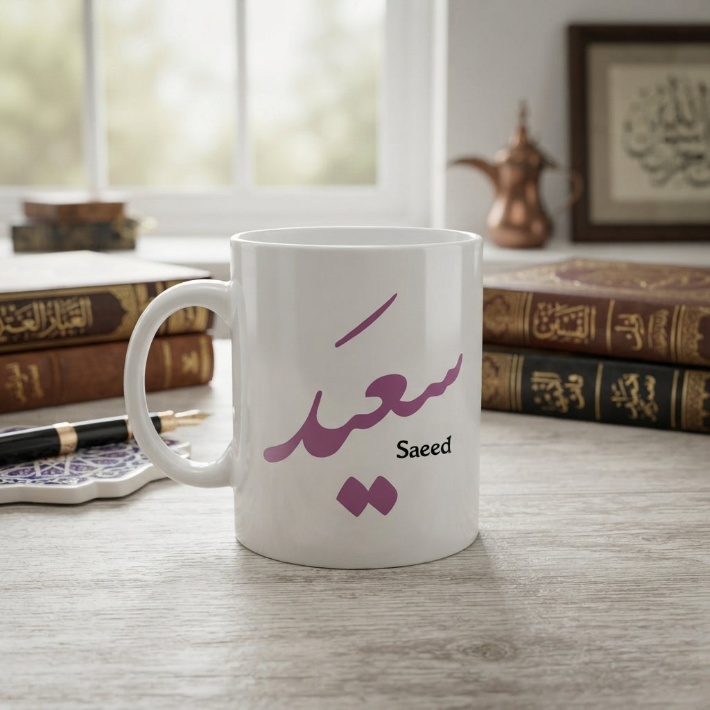 Arabic Calligraphy Name "Saeed" Typography White Mug