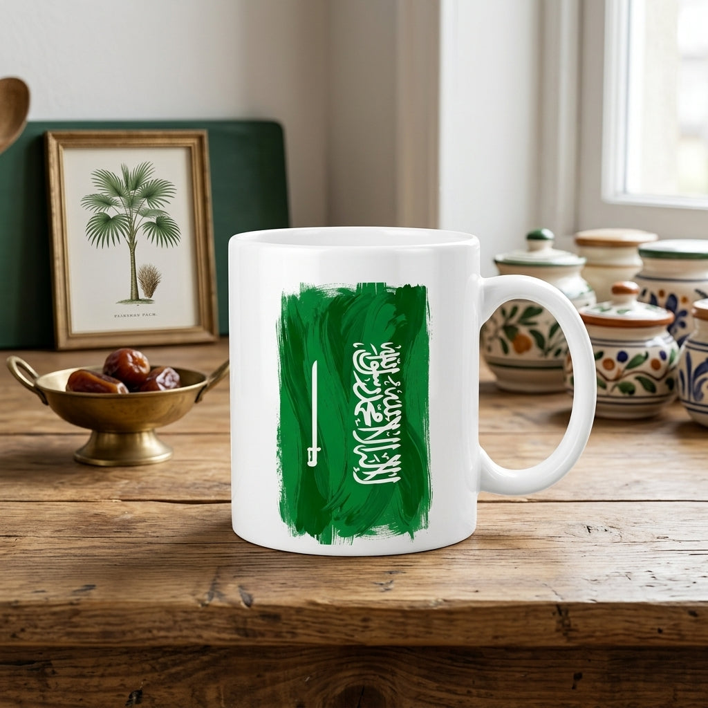 Saudi Arab Flag 11 oz Ceramic Mug, Artistic Brushstroke Design