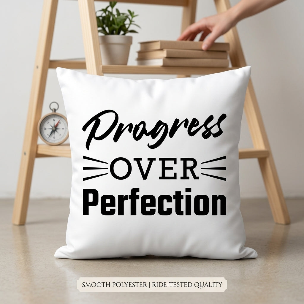FMstyles - Progress Over Perfection Quote Printed White Polyester Cushion (40 x 40 cm)