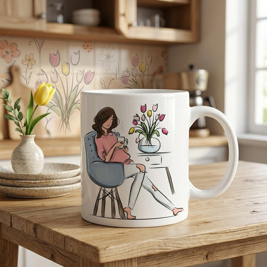 Cozy Floral Sketch White Ceramic Coffee Mug – Minimalist Illustrated Woman with Tulips Artwork