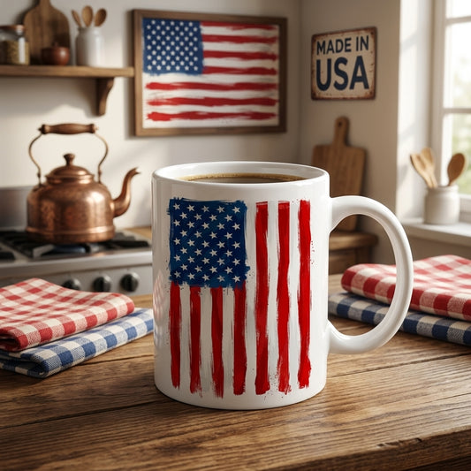 USA, American Flag 11 oz Ceramic Mug, Artistic Brushstroke Design