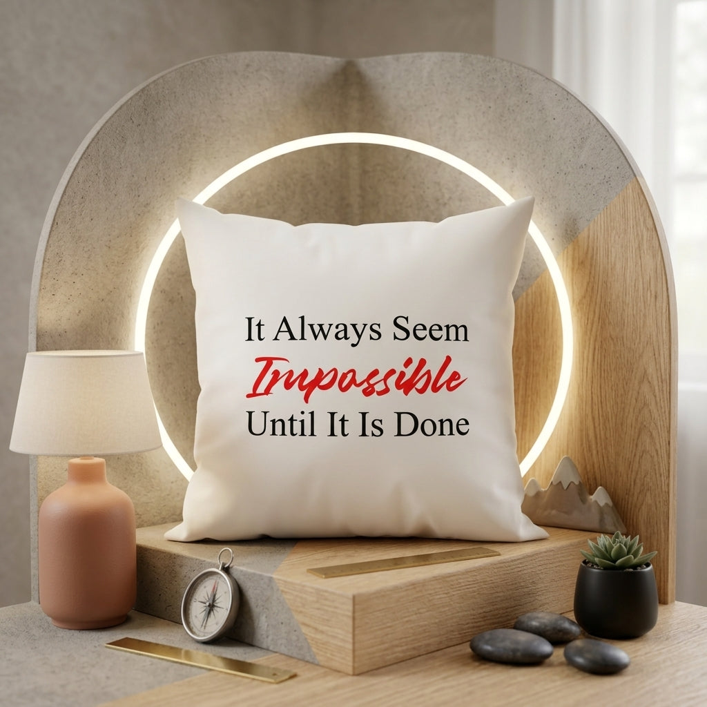 FMstyles - It always seem Impossible until it is done Quotes Printed White Polyester Cushion (40 x 40 cm)