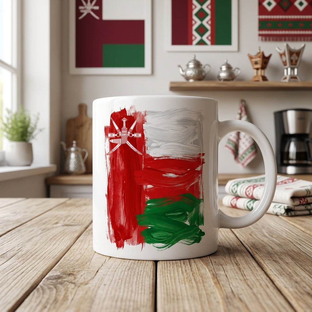 Oman Flag 11 oz Ceramic Mug, Artistic Brushstroke Design