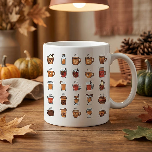 Autumn Spice & Cozy Drinks Illustrated White Ceramic Mug - 11oz