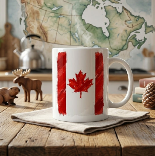 Canadian Flag 11 oz Ceramic Mug, Artistic Brushstroke Maple Leaf Design