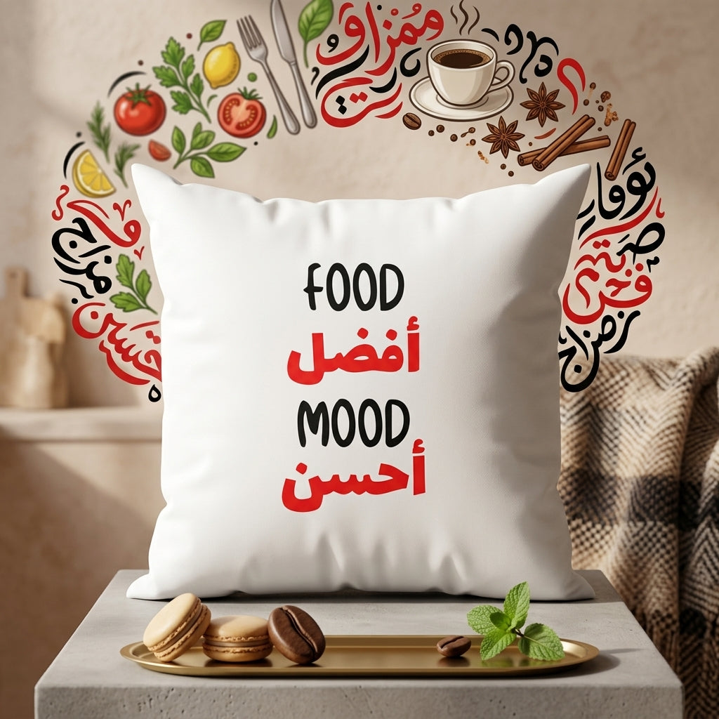 FMstyles - "Food & Mood" Arabic & English Culinary Quotes Printed White Polyester Cushion (40 x 40 cm)