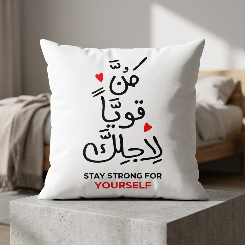 FMstyles - "Stay Strong for Yourself" Arabic & English Typography Design Printed White Polyester Cushion (40 x 40 cm)