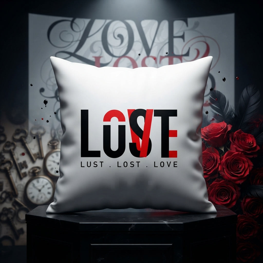 FMstyles - Lust Lost Love Quote Design Printed White Polyester Cushion (40 x 40 cm)