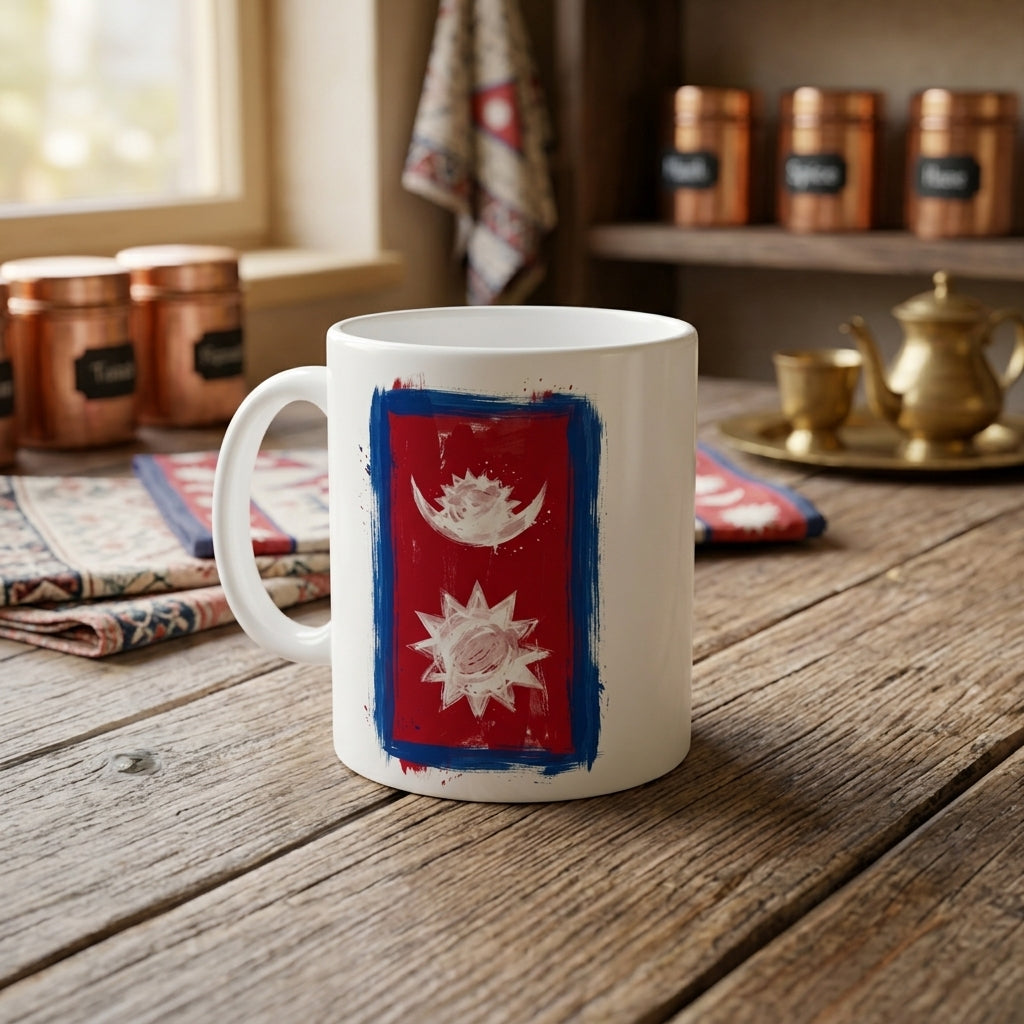 Nepal Flag 11 oz Ceramic Mug, Artistic Brushstroke Design