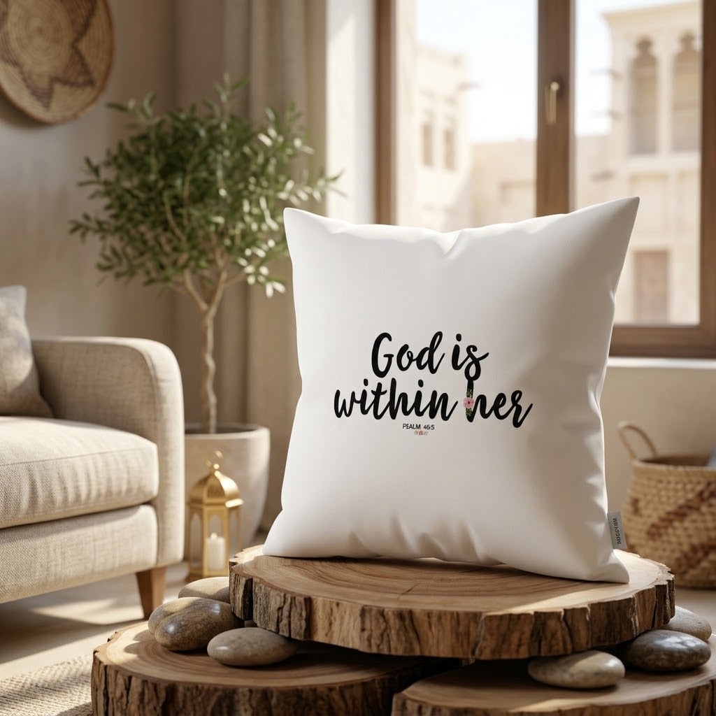 FMstyles - God Is Within Her Psalm 46-5 Christian Art Printed Premium White Polyester Quote Cushion Cover (40 x 40 cm) – Decorative Throw Pillow