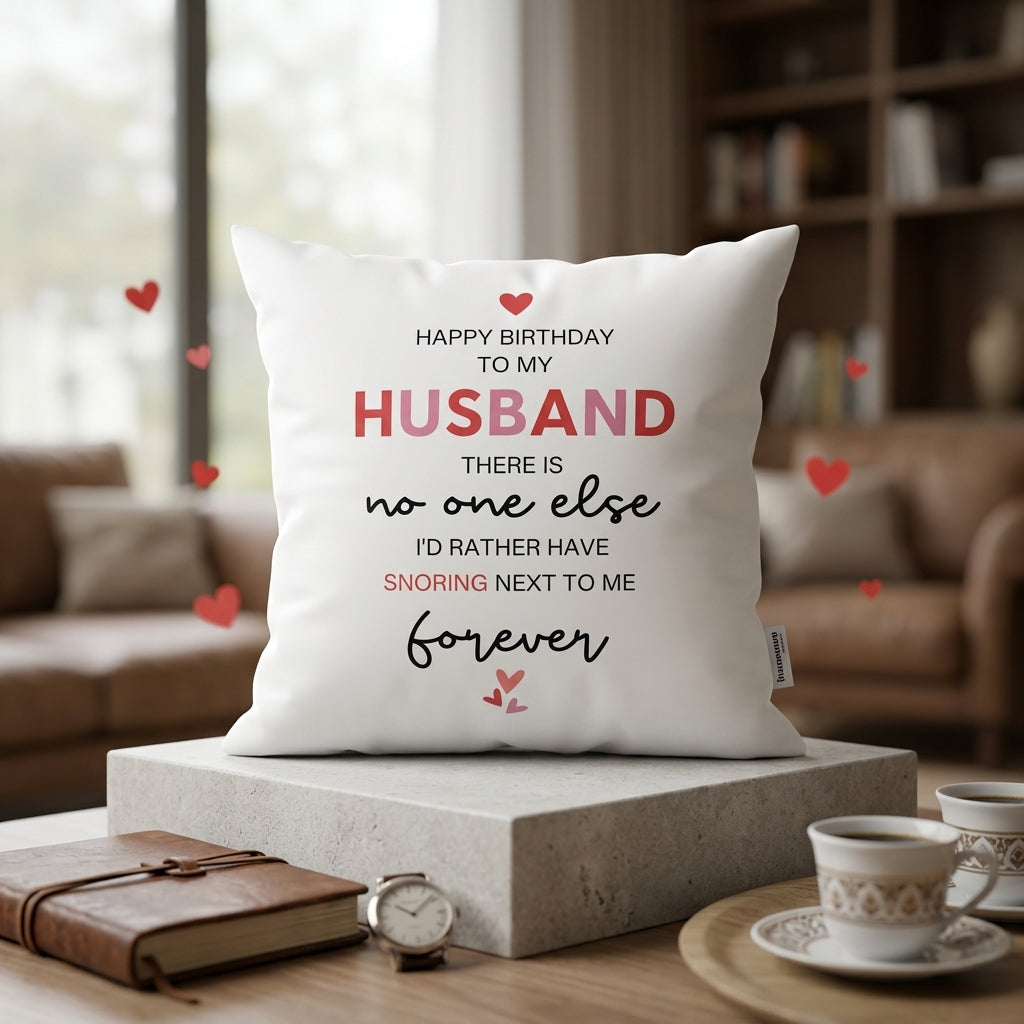 FMstyles - Happy Birthday Husband Printed Premium White Polyester Quote Cushion Cover (40 x 40 cm) – Decorative Throw Pillow