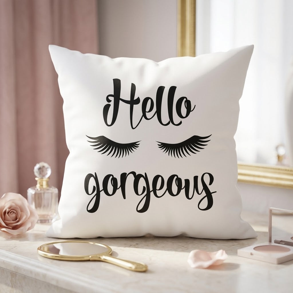FMstyles Hello Gorgeous Printed Premium White Polyester Quote Cushion Cover (40 x 40 cm) – Decorative Throw Pillow