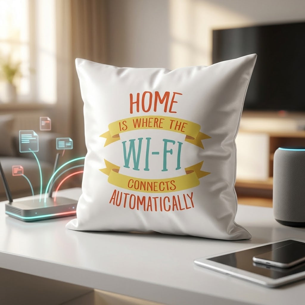 FMstyles - Home Is Where Wifi Connected Printed Premium White Polyester Quote Cushion Cover (40 x 40 cm) – Decorative Throw Pillow