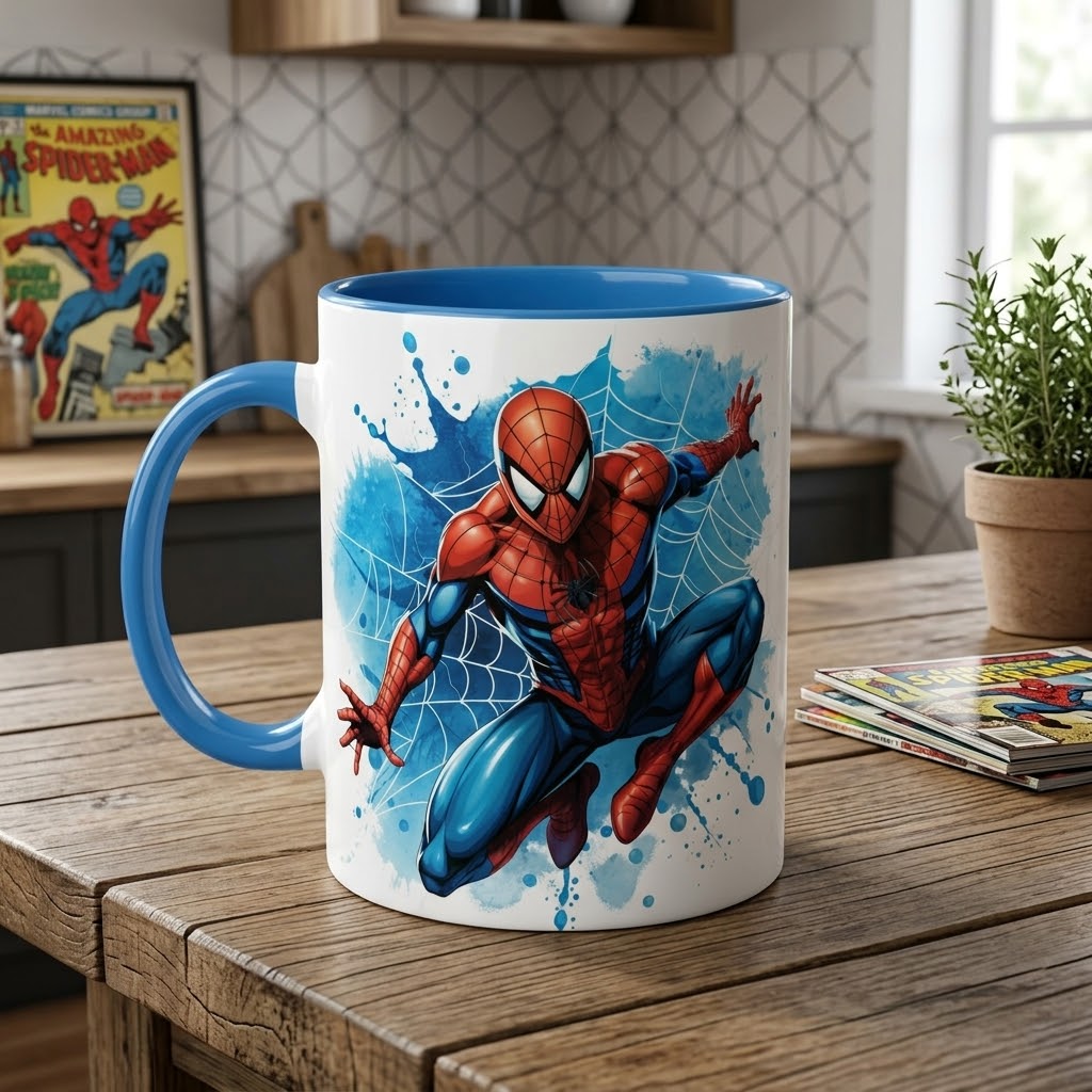 Spider-Man Two-Tone Ceramic Mug – Blue Handle & Interior Marvel Comic Action Graphic Drinkware
