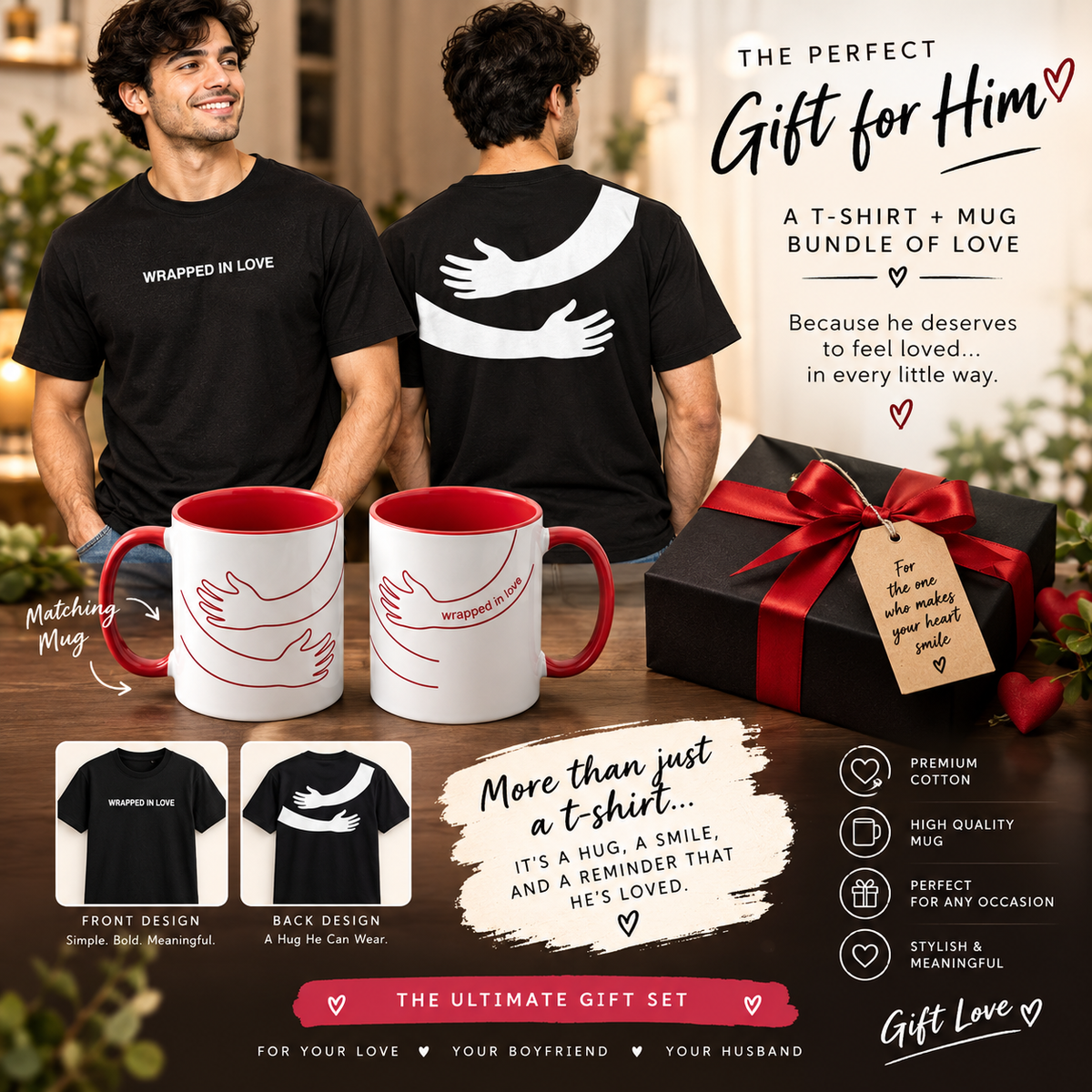 Wrapped in Love T-Shirt & Mug Gift Set for Him – Romantic Couple Gift for Boyfriend, Husband & Loved One