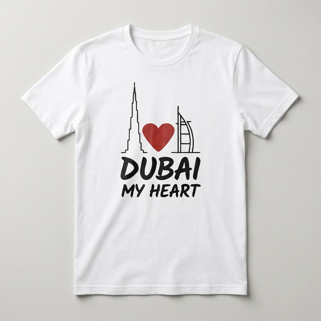 FMstyles Classic White Cotton T-Shirt – "Dubai My Heart" Graphic Unisex Tee