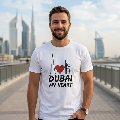 FMstyles Classic White Cotton T-Shirt – "Dubai My Heart" Graphic Unisex Tee
