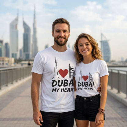 FMstyles Classic White Cotton T-Shirt – "Dubai My Heart" Graphic Unisex Tee