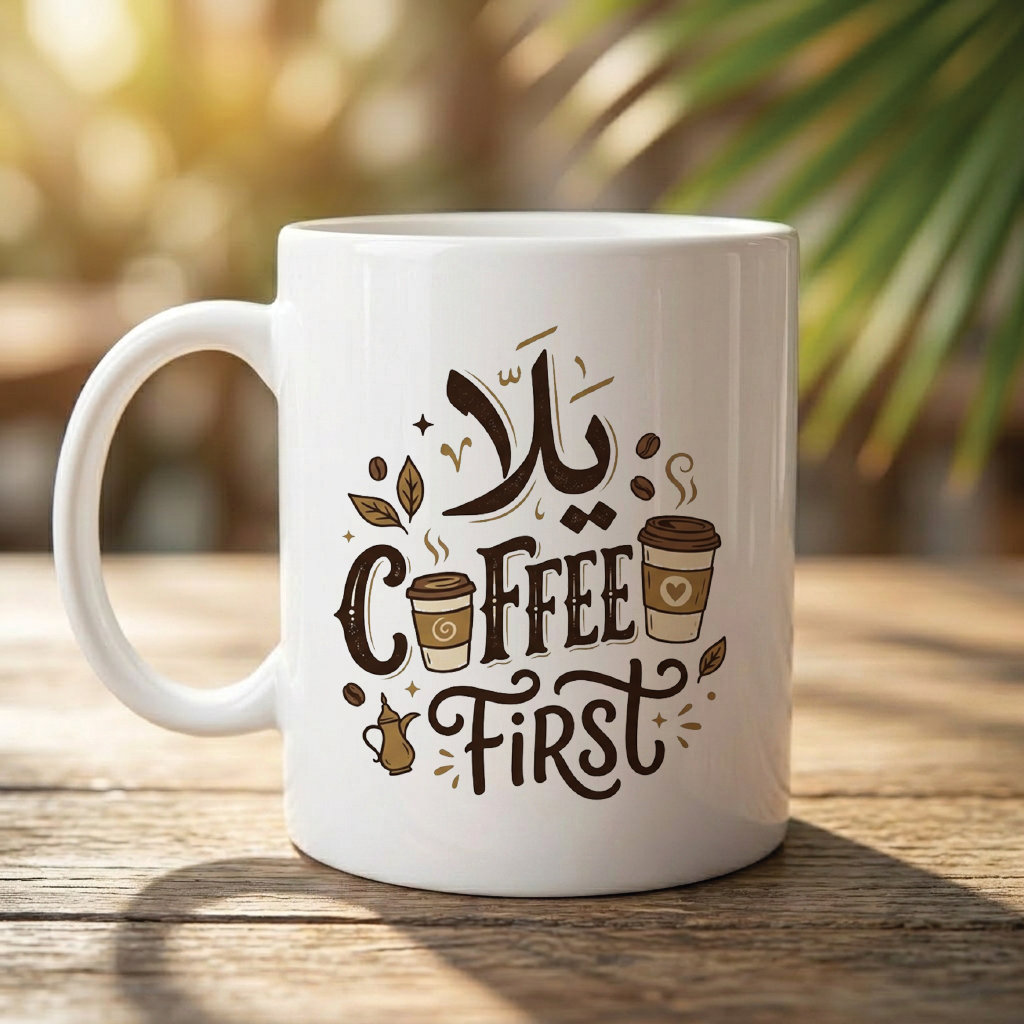 Yallah, Coffee First - Quote Printed Premium Coffee Mugs & Cups (5 Options)  MG1052